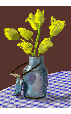 David Hockney, 1st April 2021, Yellow Flowers in small milk churn 2021