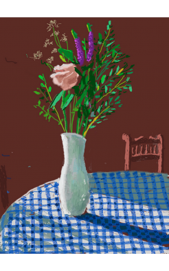 David Hockney, 4th February 2021, Flowers in a White Vase with Chair, 2021