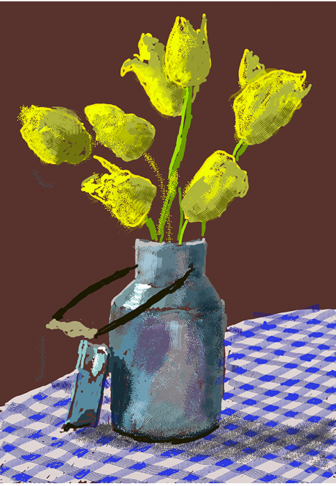 David Hockney, 1st April 2021, Yellow Flowers in small milk churn 2021