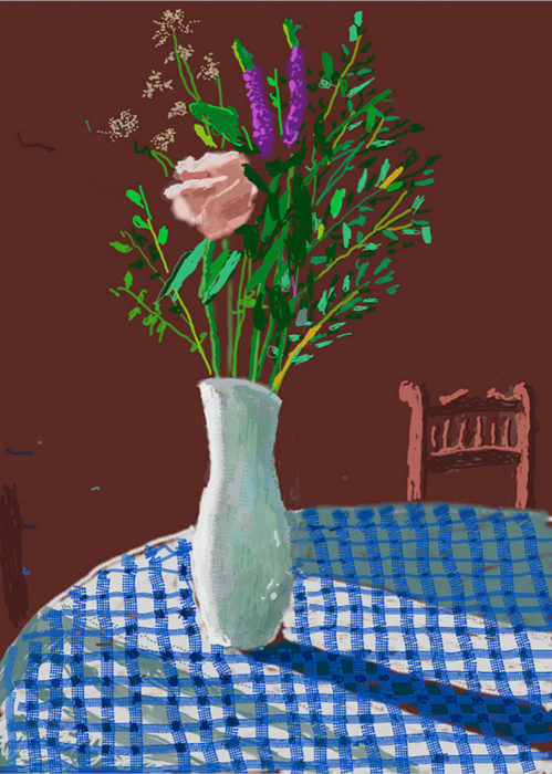 David Hockney, 4th February 2021, Flowers in a White Vase with Chair, 2021